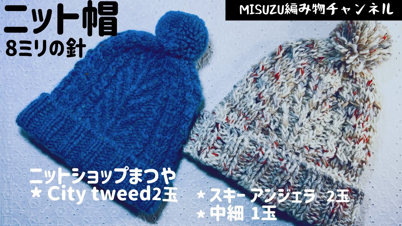☆ニット帽☆2目ゴム編みをしてアラン模様 8ミリの針 ポンポン 編み図