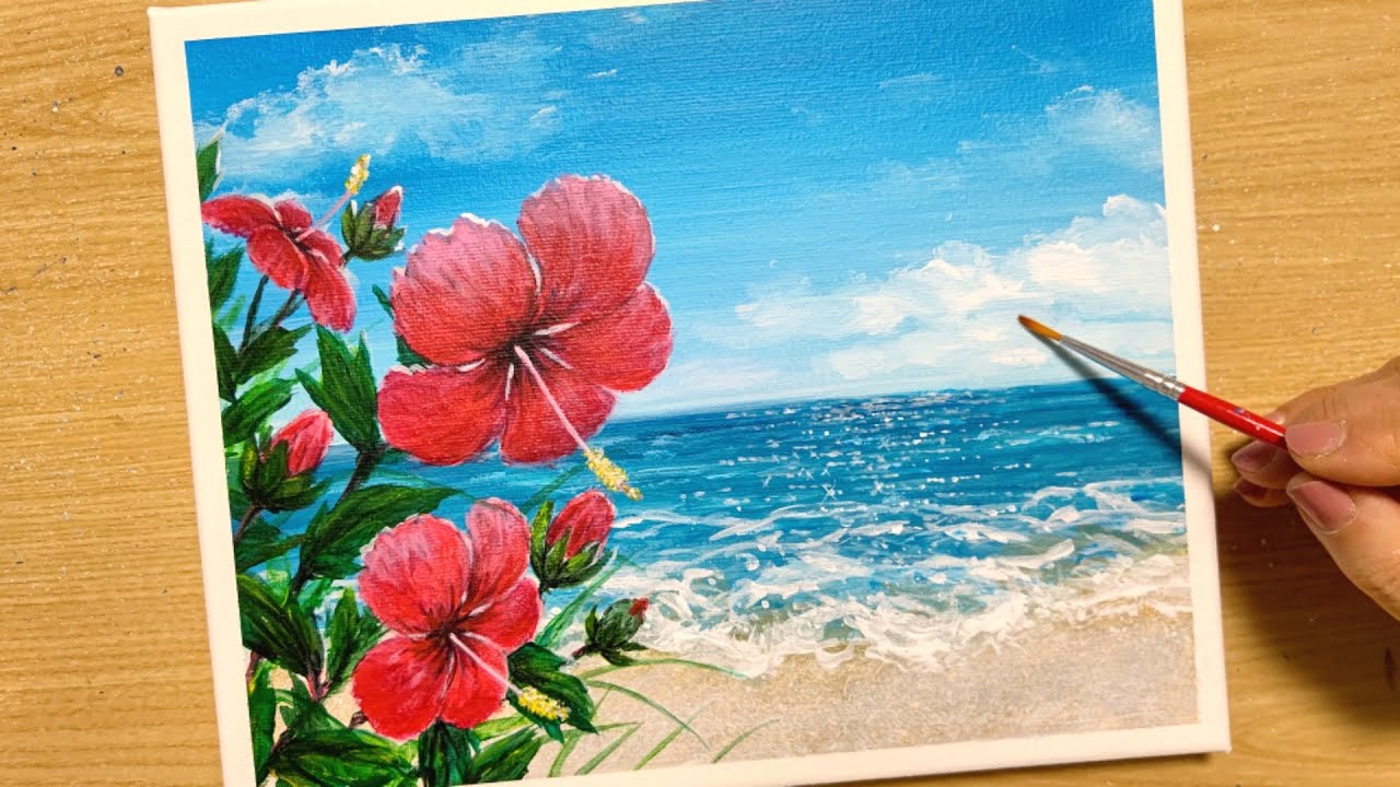 How to draw hibiscus and the sea with acrylic paint / Acrylic