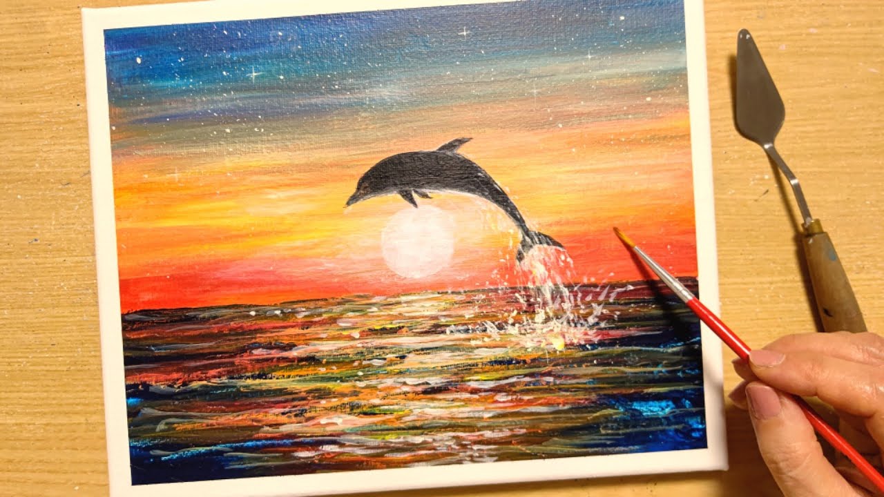 How to draw dolphin and sunset with acrylic paint/Simple acrylic