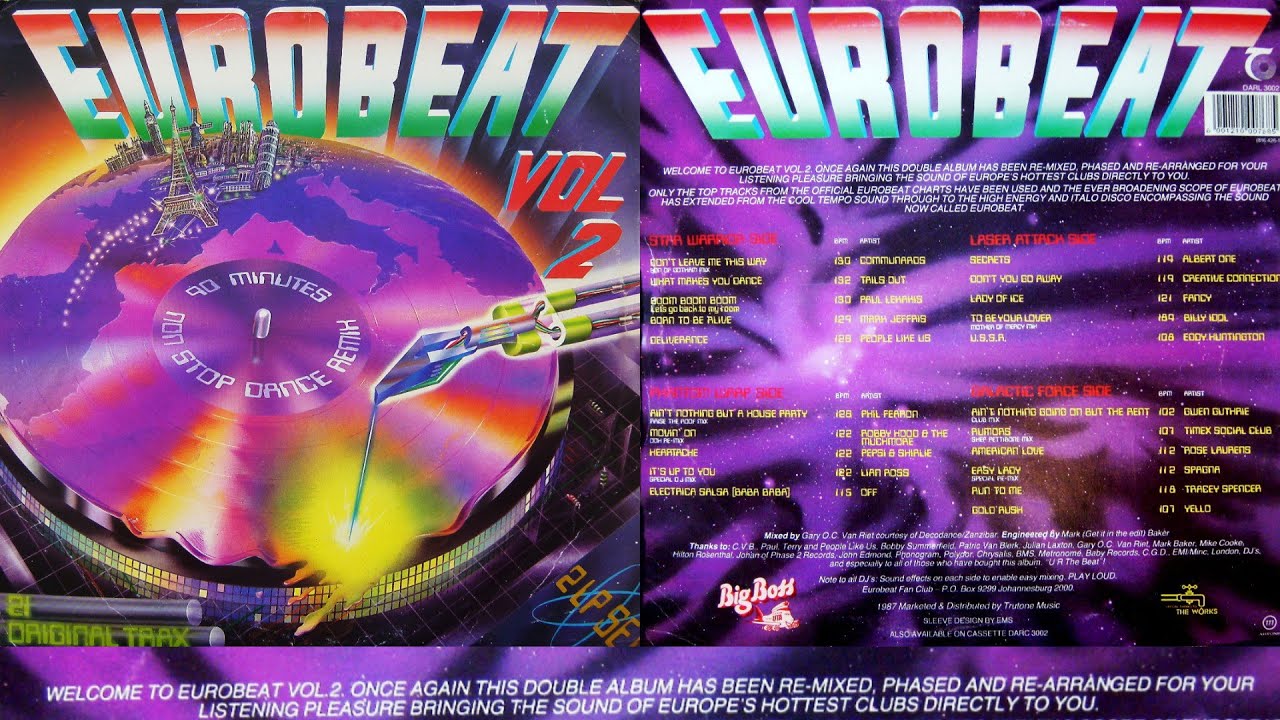 EUROBEAT - Volume 2 (90 Minute Non-Stop Dance Mix) 2LP 1987 Hi-NRG