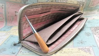 L字ファスナー長財布、ハンドメイド、帆布モカ、ファンシーツイード L