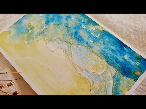 透明水彩】黄色と青を使った女の子のイラストメイキング Illustration