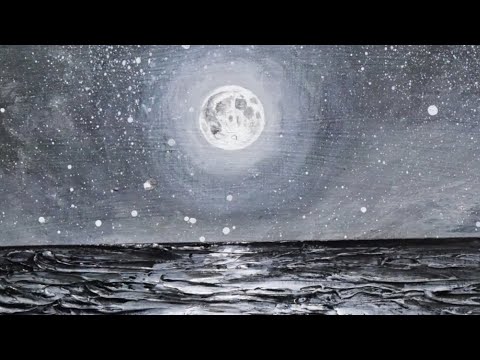 油絵】白黒の満月と星空の海 #art #oilpainting #oil #painter