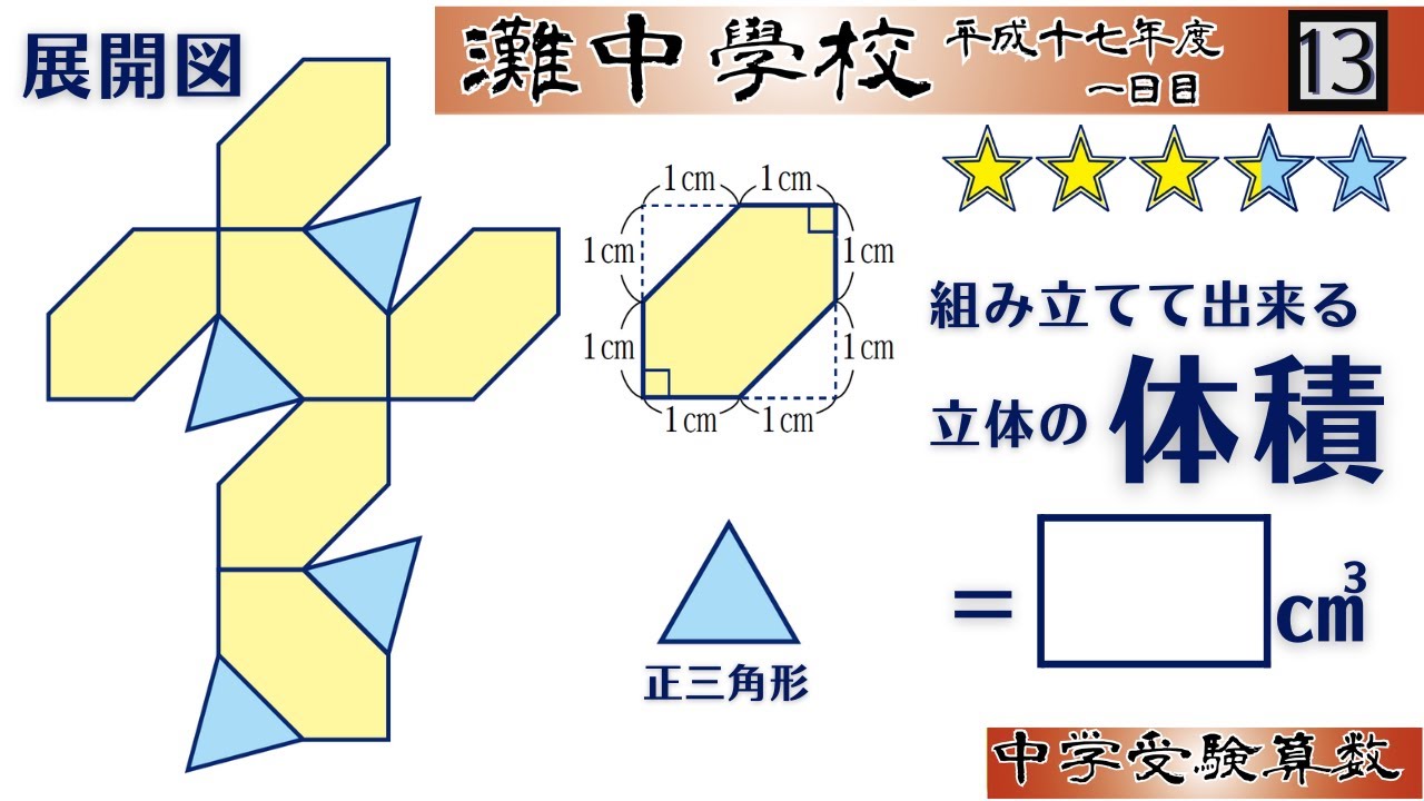 中学受験算数/SPI】立体の展開図 脳トレ問題 平成17年(2005）灘中1日