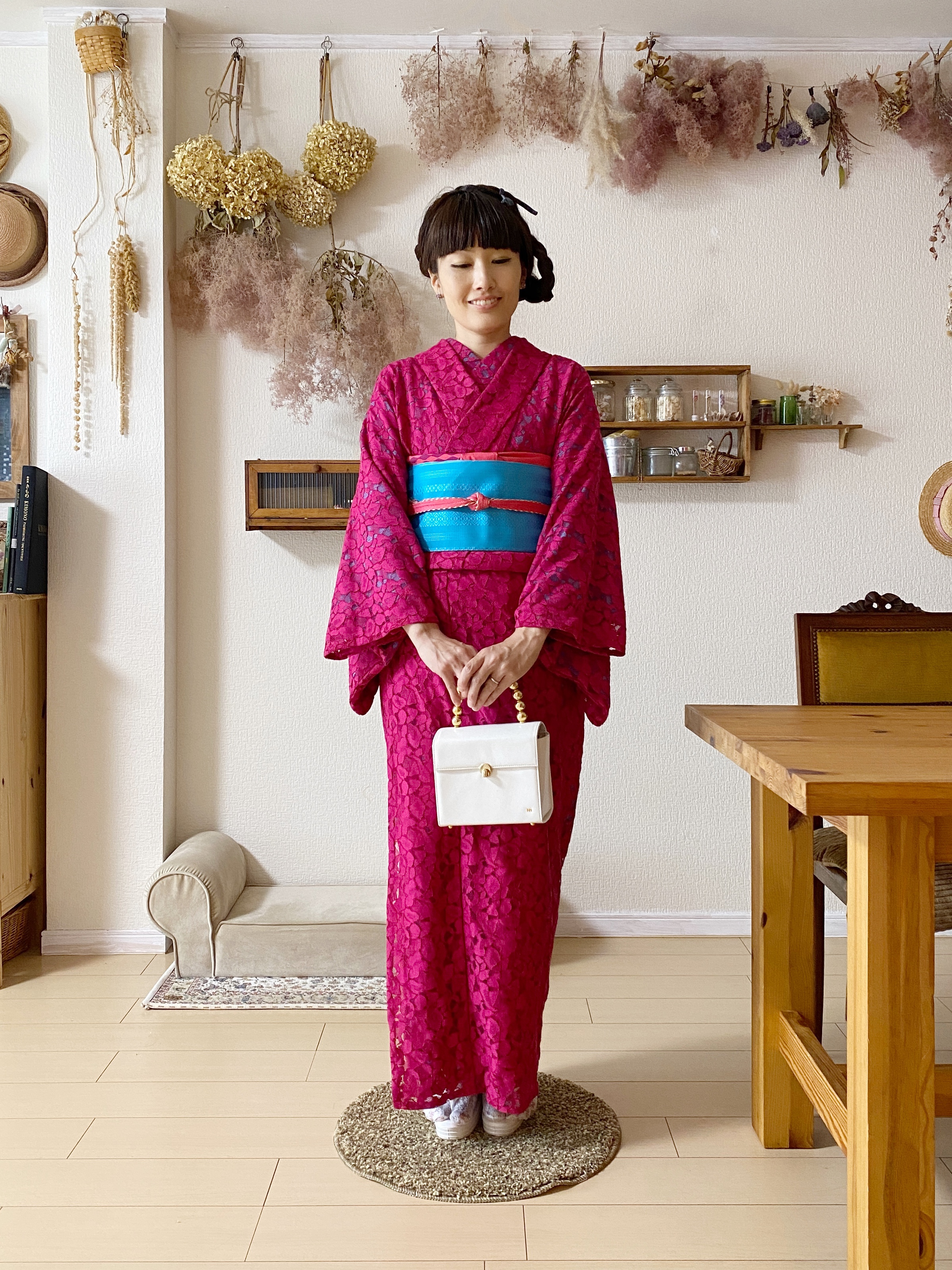 レース着物コーディネート マゼンタ ピンク | 【大阪】着付け教室