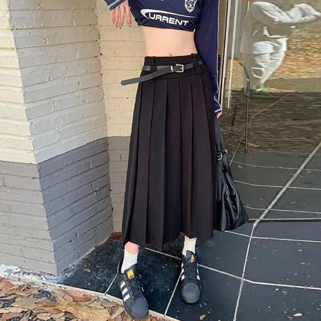 アライアベルト付き ハイウエスト コットン プレスプリーツ スカート