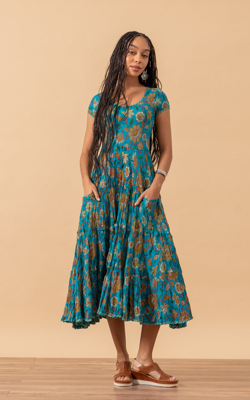 Santa Fe Dress, Long, Cap Sleeve, Tallulah Turquoise – Passementrie