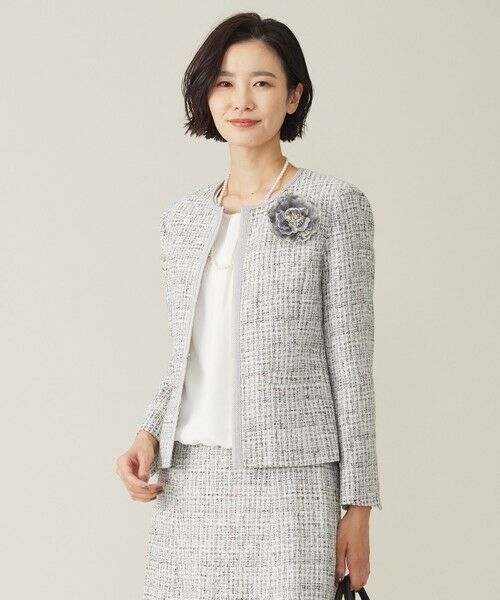 セットアップ対応】ファンシーツイード ノーカラー ジャケット （ノー