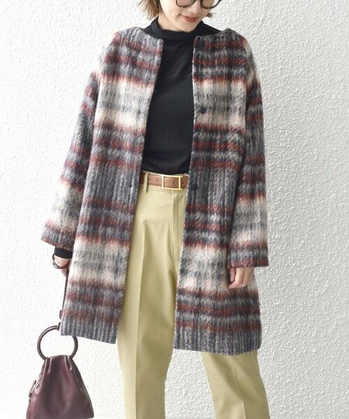 セール】 *シャギーチェックノーカラーコート◇ （その他アウター