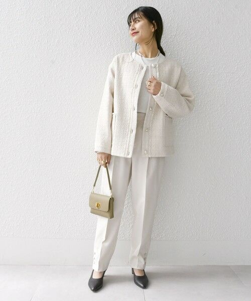 セール】 SHIPS any:ノーカラー ツイード ジャケット［NAVY BLUE