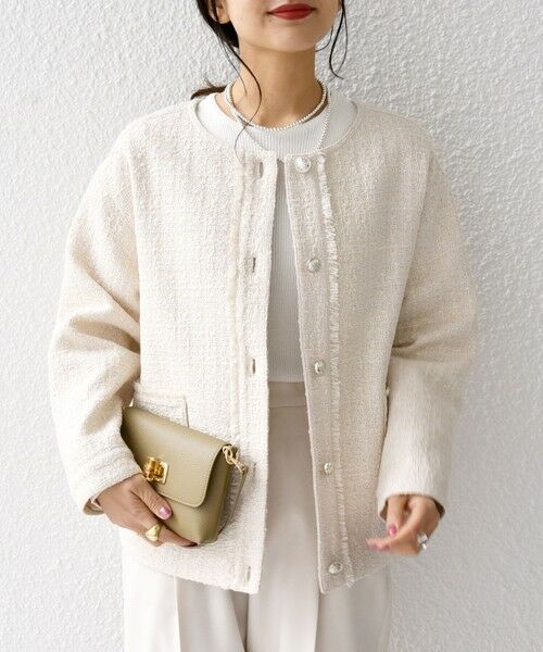 セール】 SHIPS any:ノーカラー ツイード ジャケット［NAVY BLUE