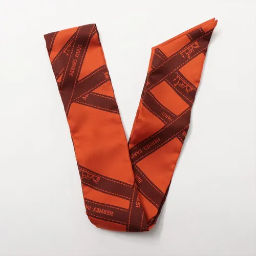 エルメス ツイリー ボルデュックリボン シルク スカーフ オレンジ AB