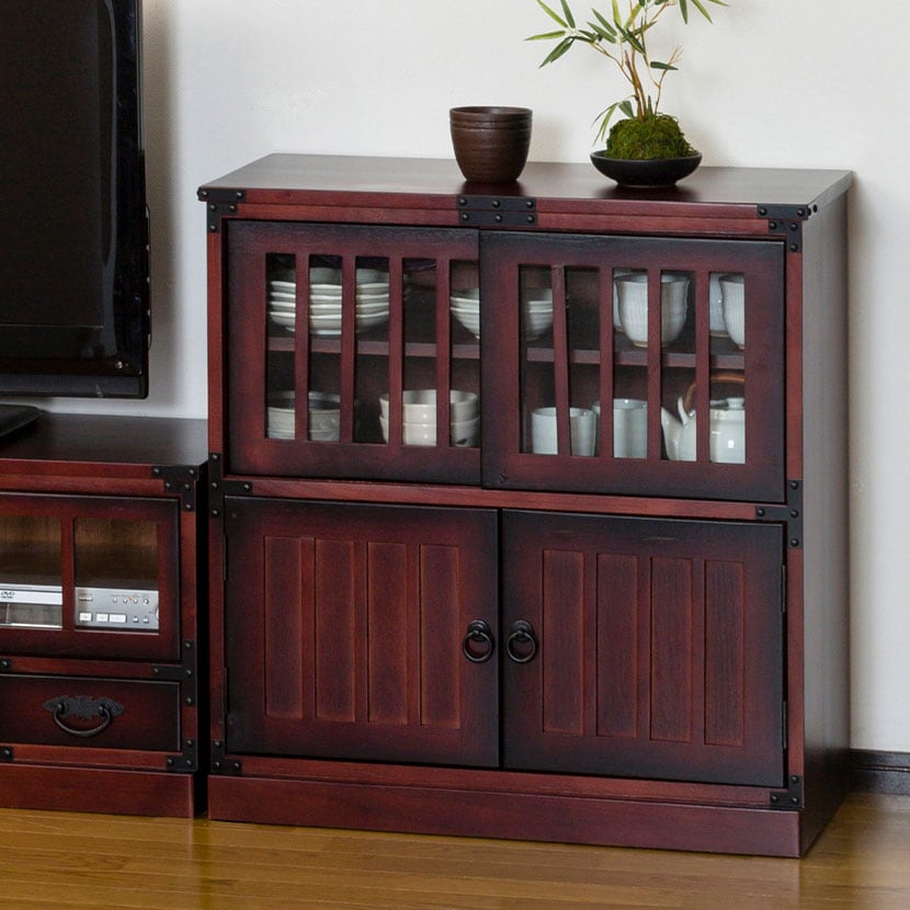 送料無料】 民芸調 水屋 和タンス 収納棚 引き戸 扉付き 和風 天然木