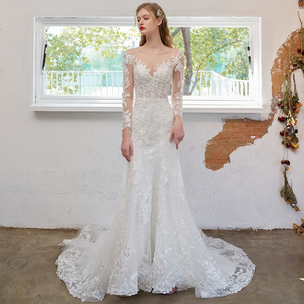 送料無料】袖付き大柄刺繍マーメイドドレス |ウェディングドレス