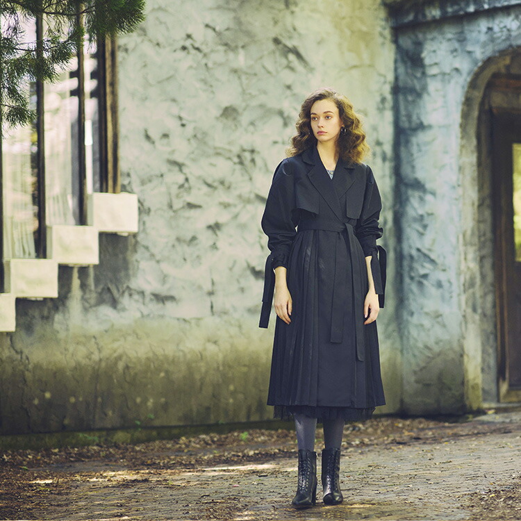 パワーパフスリーブプリーツトレンチコート「K1063」-RUIRUE BOUTIQUE