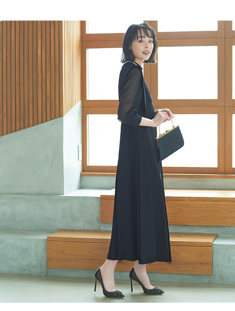 シアースリーブプリーツロングワンピース「U1193」