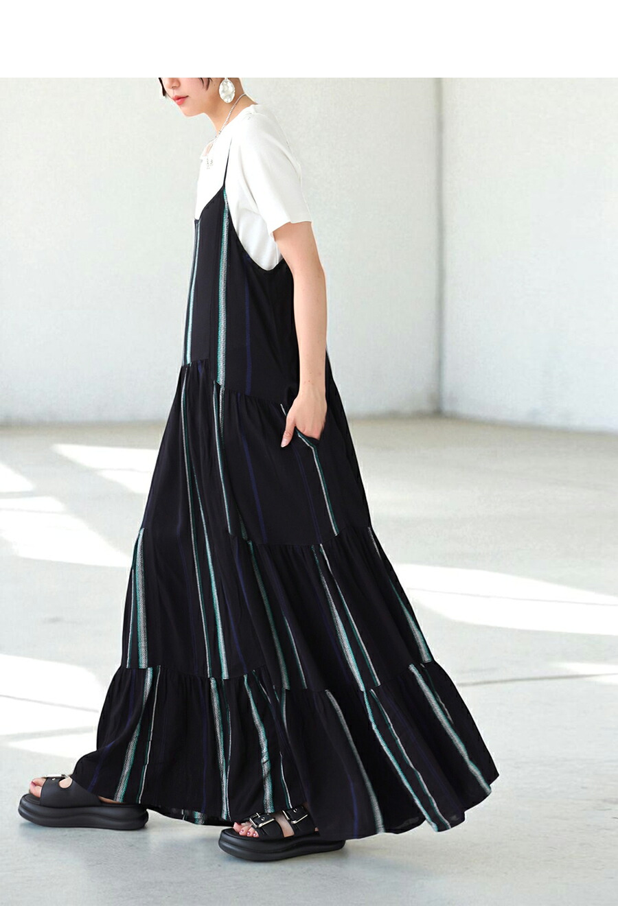 再入荷予定有!ストライプ柄 キャミワンピース レディース ロング 送料