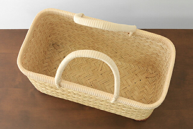 スズ竹市場かご(岩手県鳥越竹細工/籐ハンドル/小サイズ/レザー底あて
