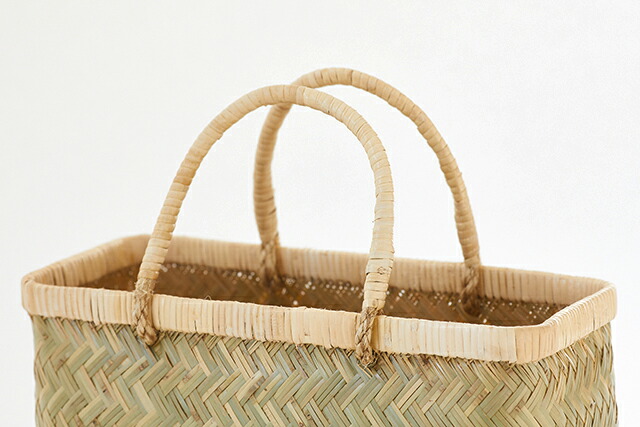 青竹市場かご(籐取手/小サイズ/レザー底あて付き)(約)幅38×マチ18×本体