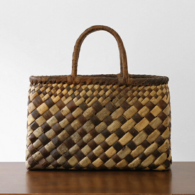 斜め市松×切替編みくるみ籠(国産材/ベージュ×こげ茶/太ひご/横長/中