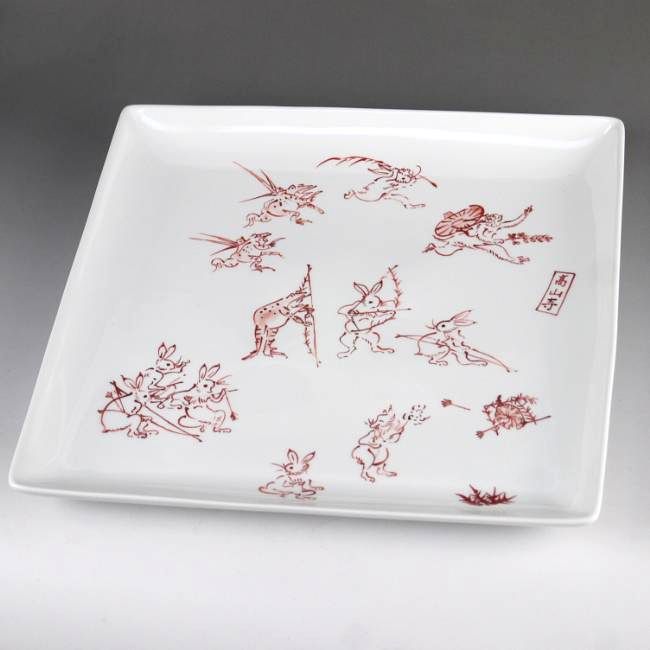 赤絵鳥獣戯画角大皿 陶仙 a柄 - 京焼清水焼 松韻堂