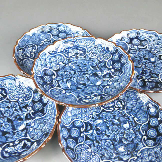 染付捻子花鳥四寸皿揃え 壹楽 - 京焼清水焼 松韻堂