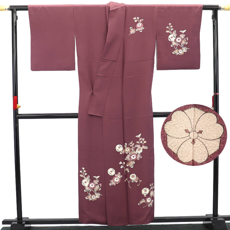 中古】 付下げ 一つ紋 剣片喰 袷 レディース 正絹 灰紫 辻が花 身丈