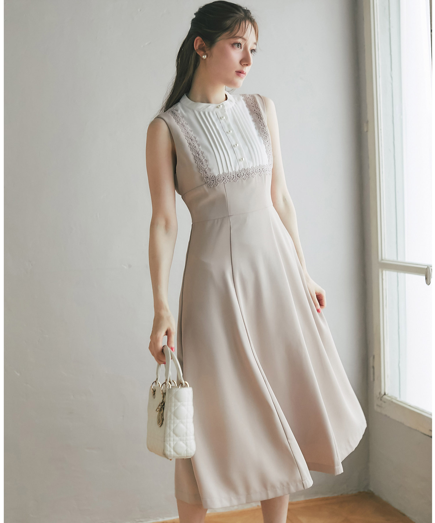 ヨークレース切替バックレースアップ配色ワンピース