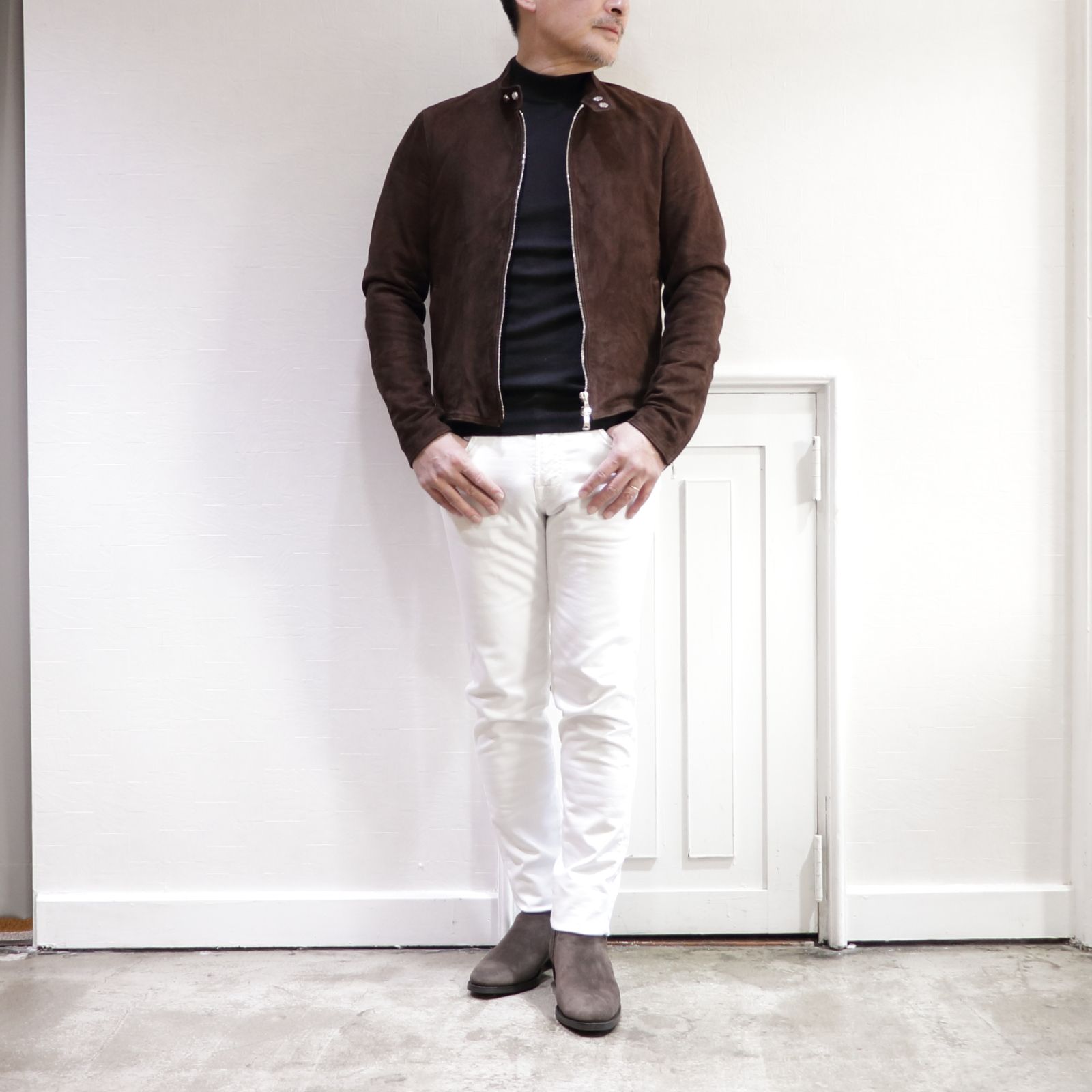 EMMETI スウェード ライダースジャケットHウォモを使用した大人ロック