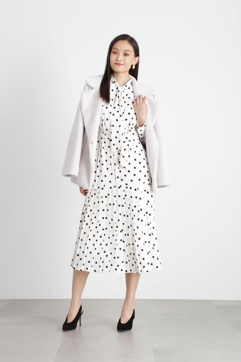 PINKY&DIANNE - ランダムドットプリーツワンピース (ホワイト