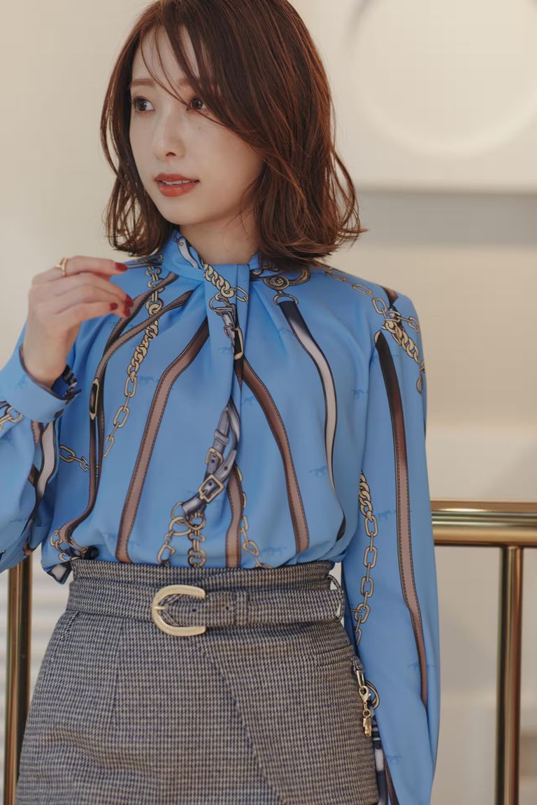 PINKY&DIANNE - スカーフプリントブラウス（ブルー）ポリエステル 100