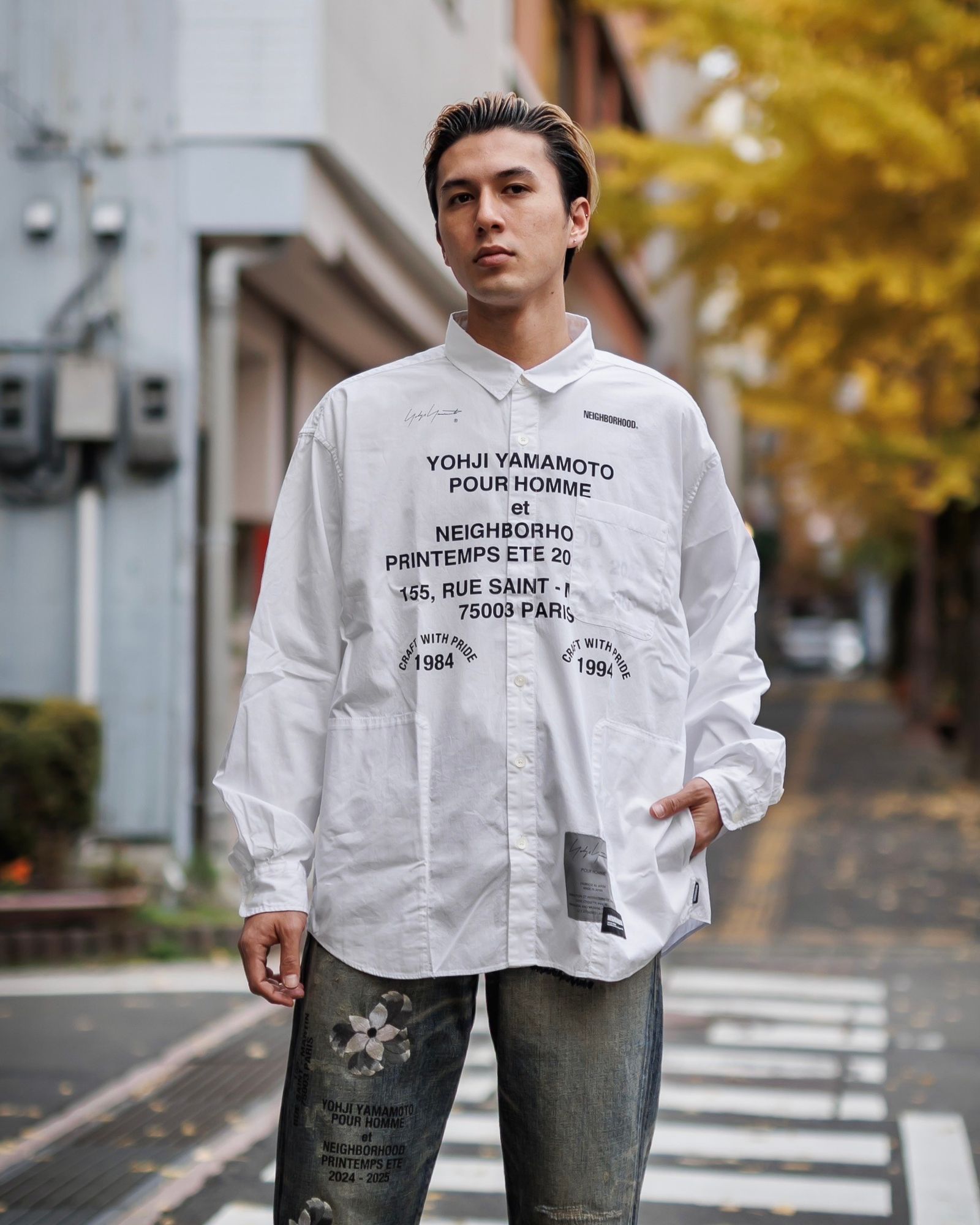 yohji yamamoto x NEIGHBORHOOD PRINT SHIRT LS (WHITE)スタイル