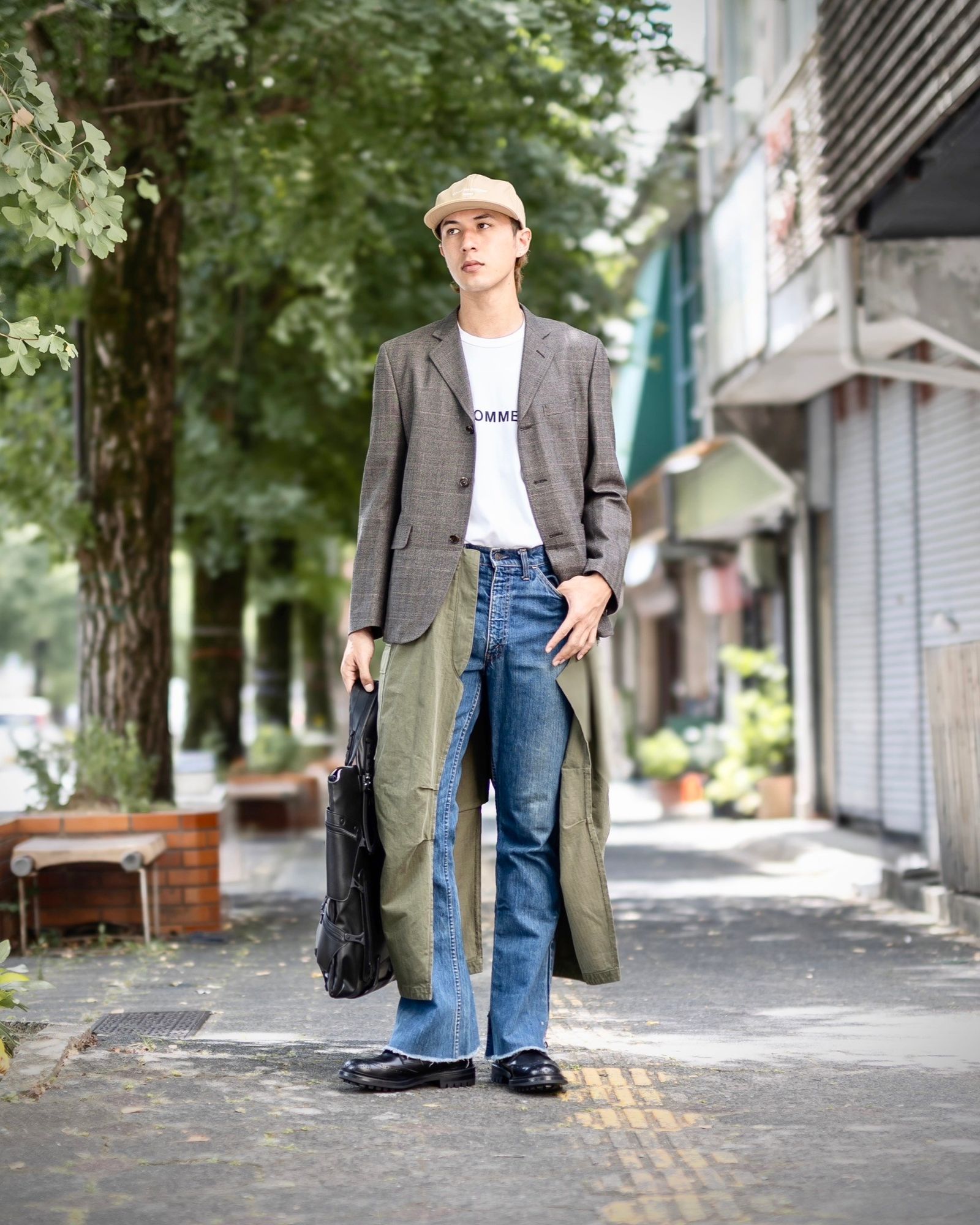 ジュンヤワタナベマン24AW ウールチェック×綿ヘリンボーンコート