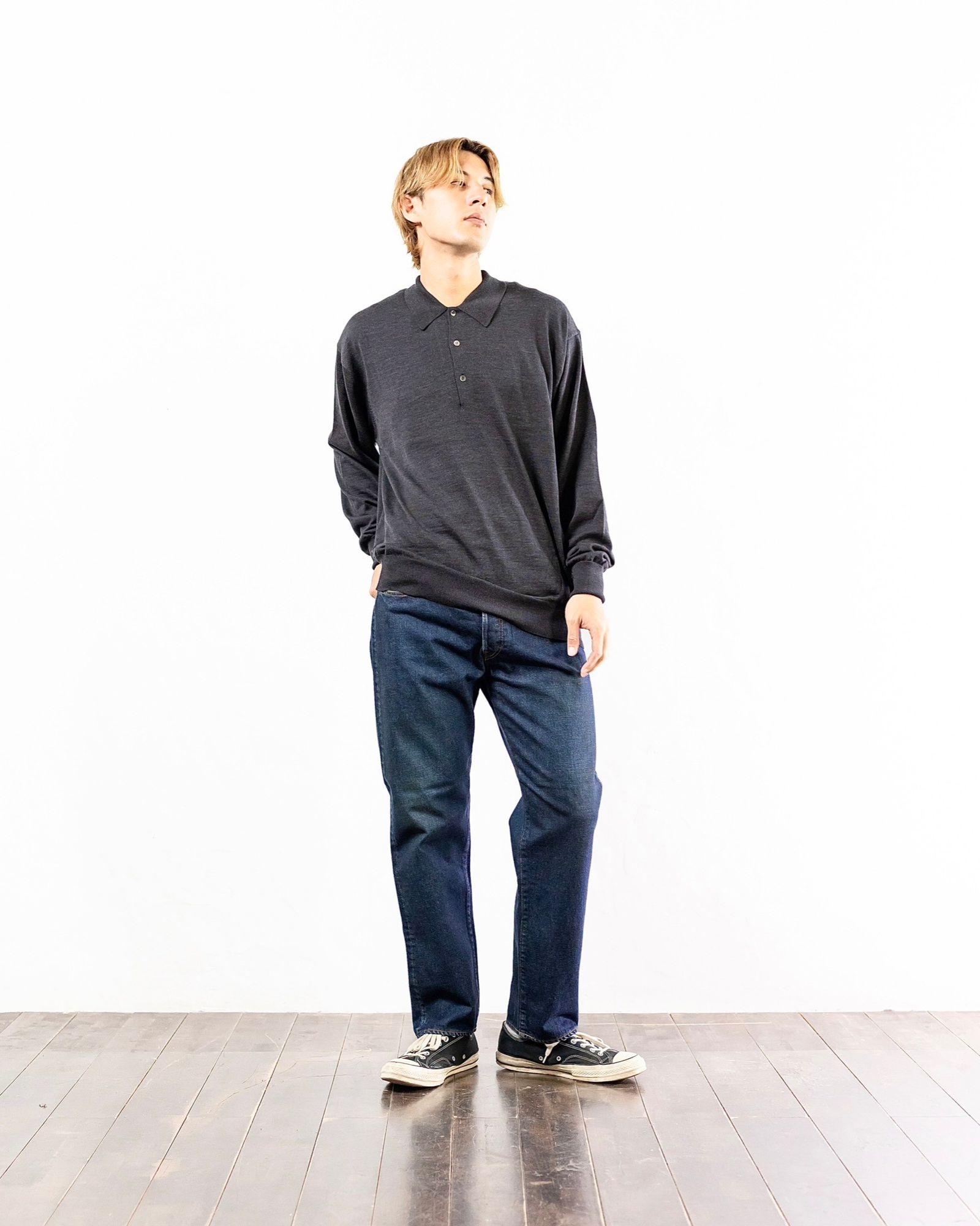 A.PRESSE Wool Knit L/S Polo Shirt(CHACOAL) 8月10日(土)新作発売
