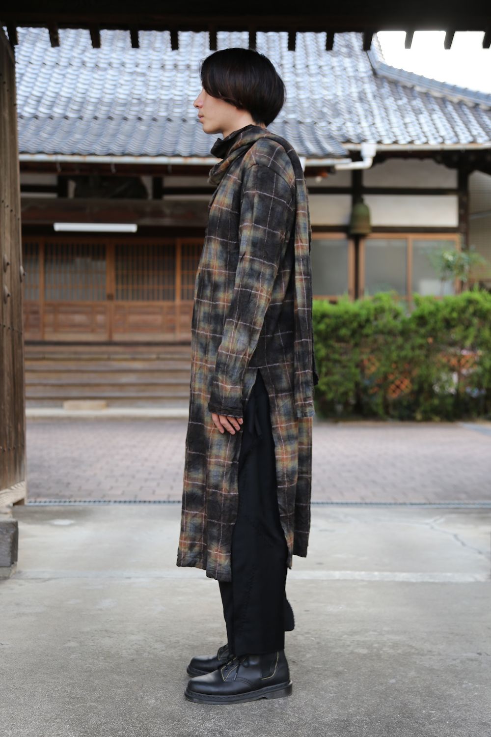 yohji yamamoto チェックJQ製品ムラ染めボウタイロングシャツStyle