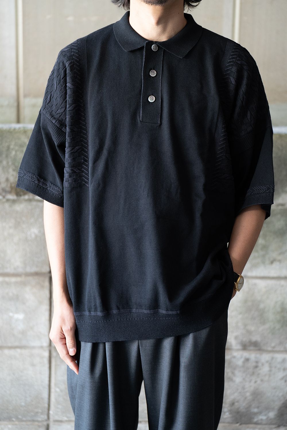YASHIKI - 【ラスト1点】【24SS】Hazakura Knit Polo(BLACK) | Salty