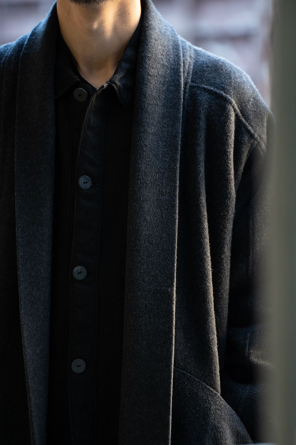 MITTAN - ウールシルクキャメル半纏ロングコート（紐付き)(濃灰) | Salty