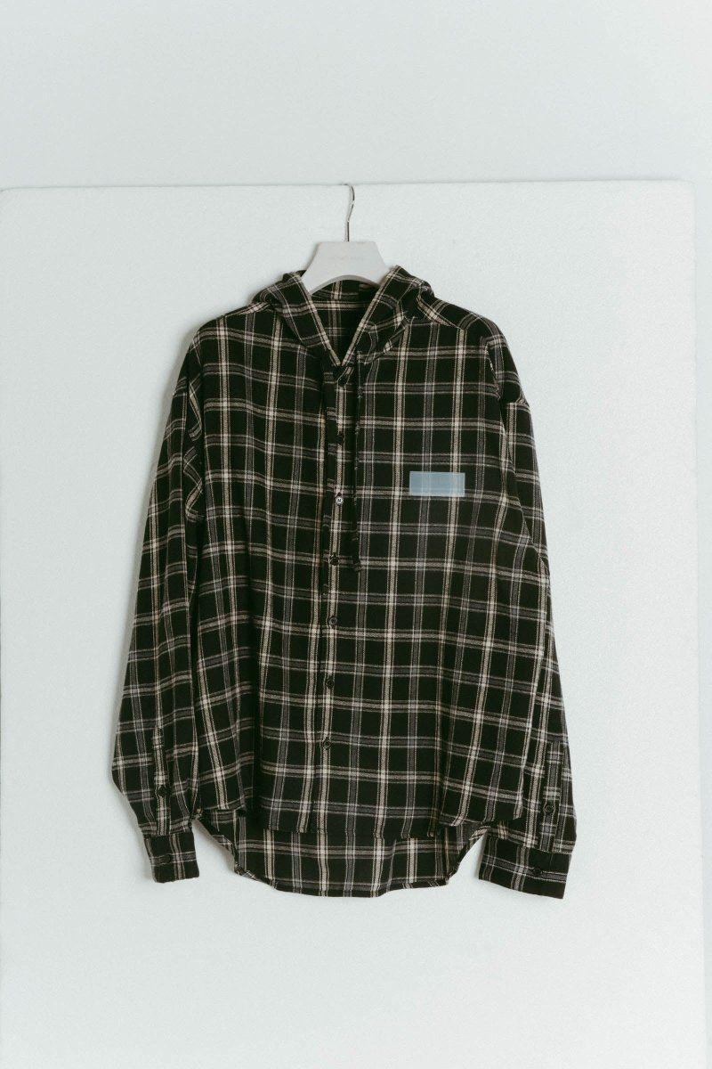 Knuth Marf - hooded over shirts(unisex) (Check black) / オーバー