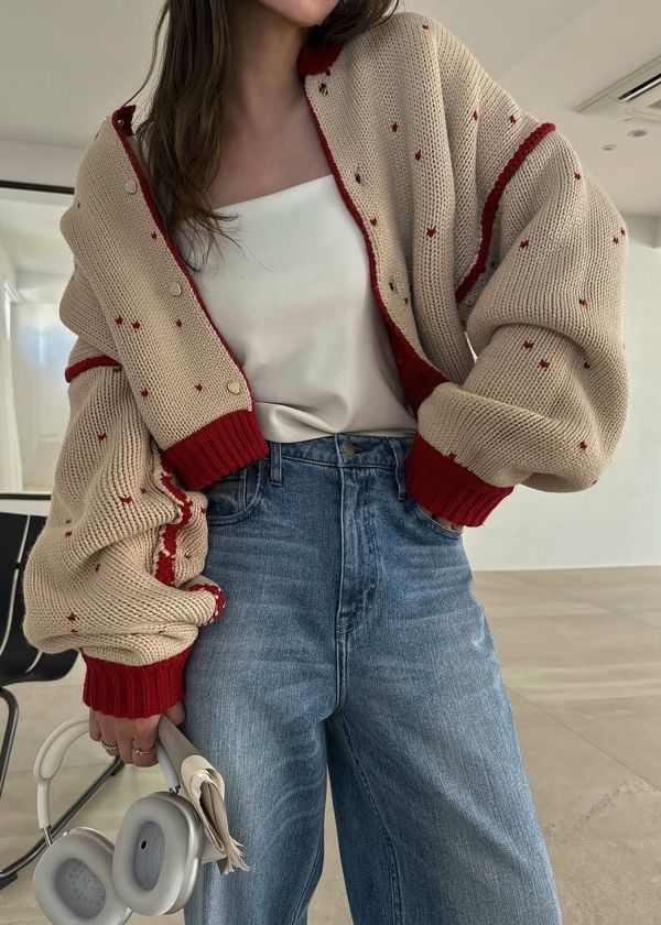 WILLFULLY - heart dot jacquard reversible cropped knit cardigan