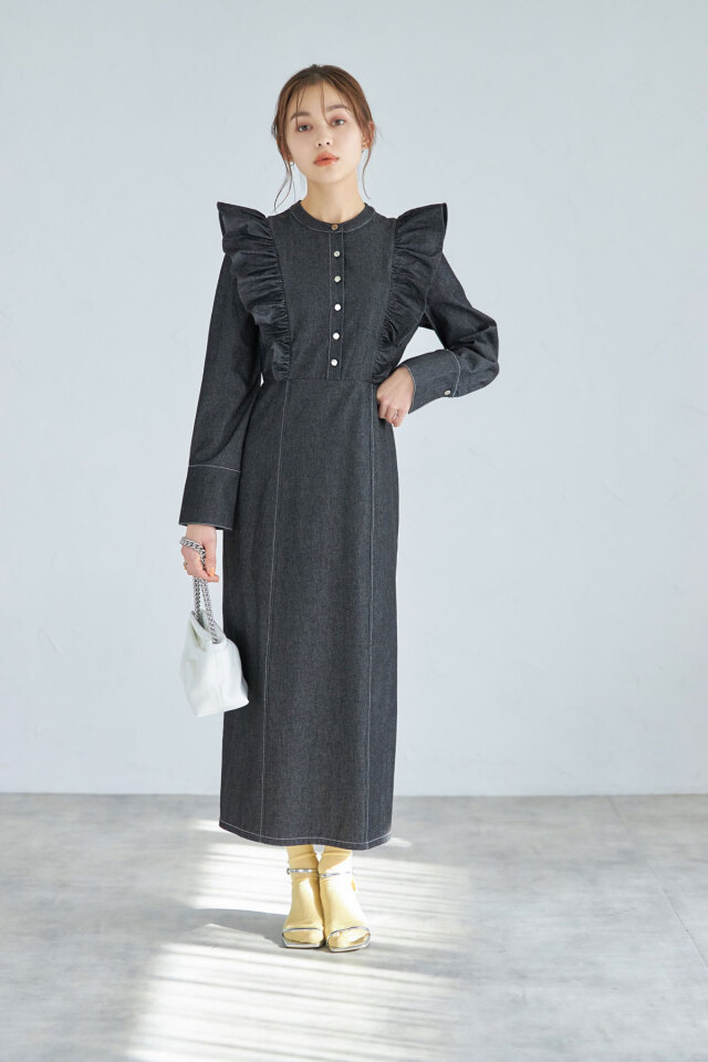 フリルデニムワンピース