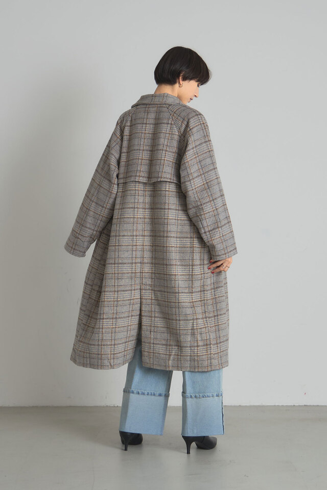 先染めチェックステンカラーコート