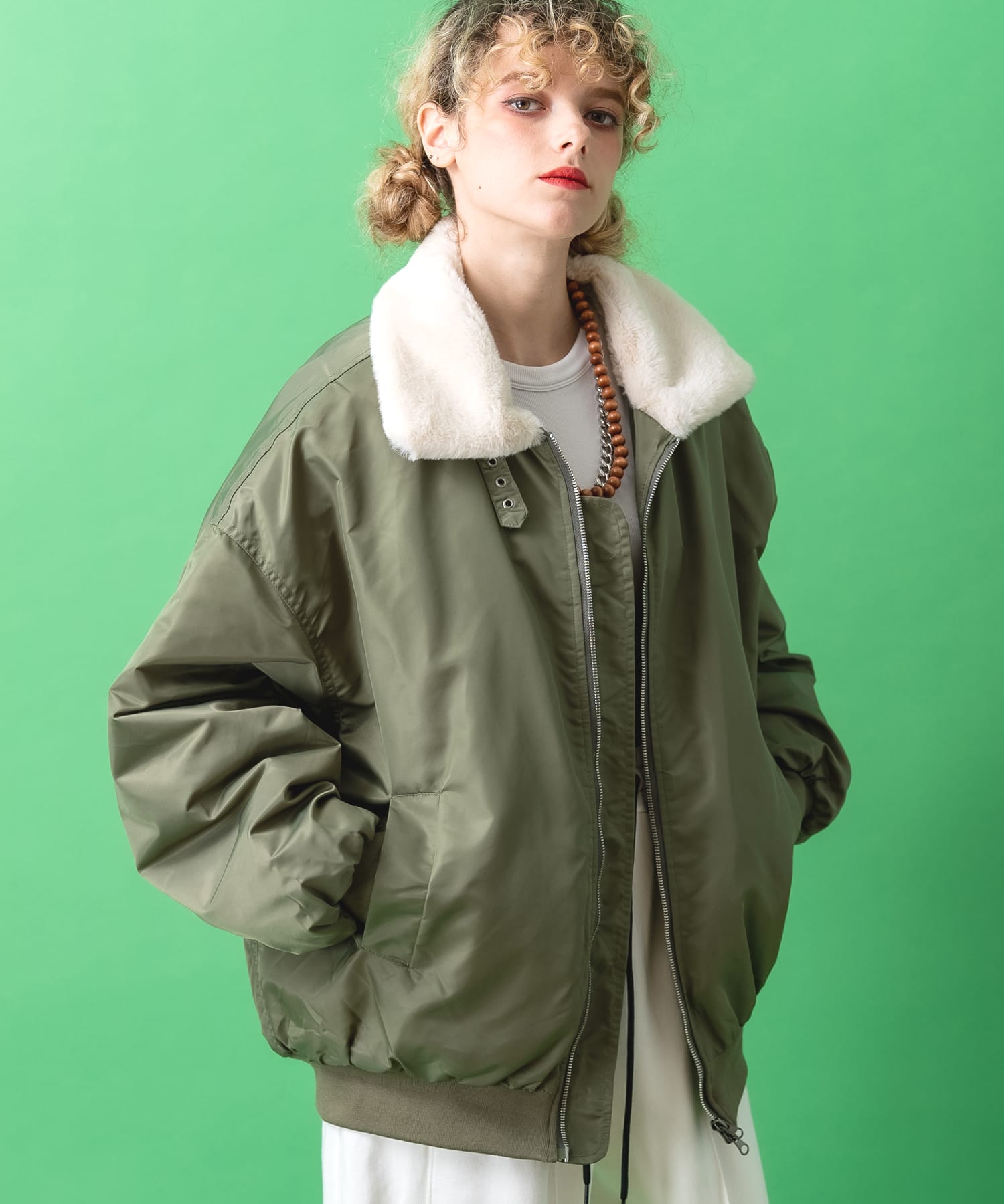 ファー襟ナイロン中綿オーバーサイズフライトジャケット / ミリタリー