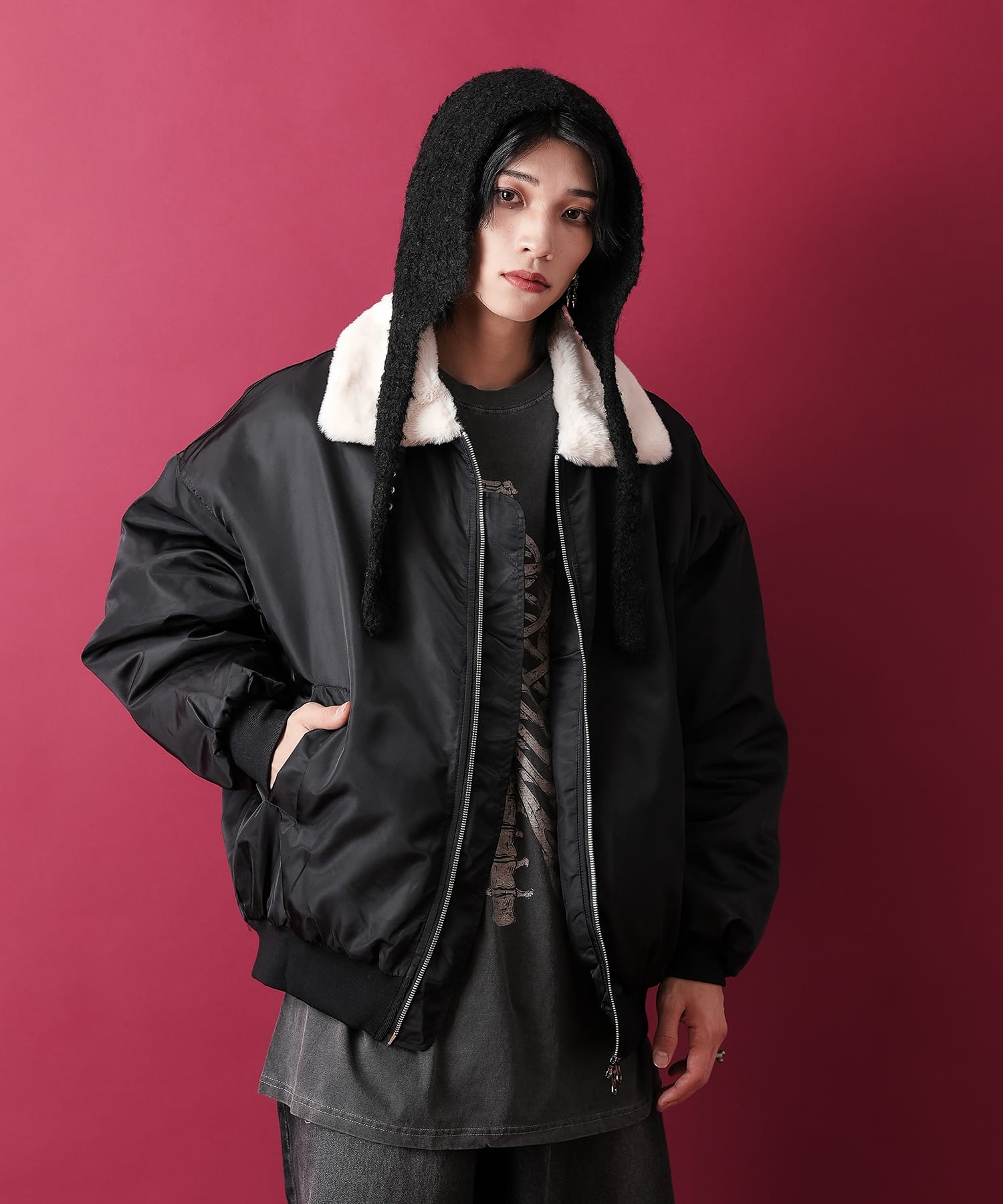 ファー襟ナイロン中綿オーバーサイズフライトジャケット / ミリタリー