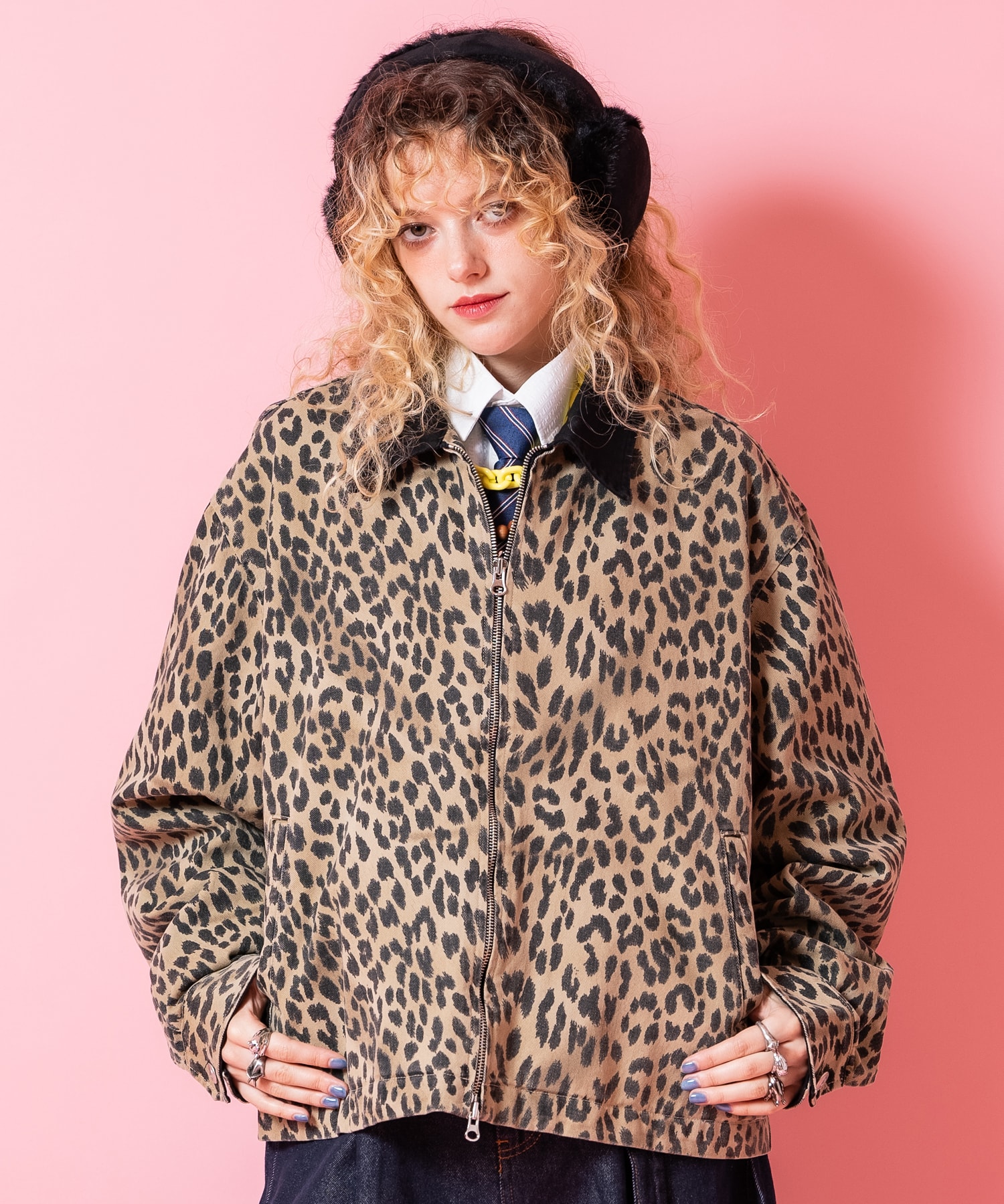 ブラック襟切替レオパードコットン短丈ワークジャケット / ユニ
