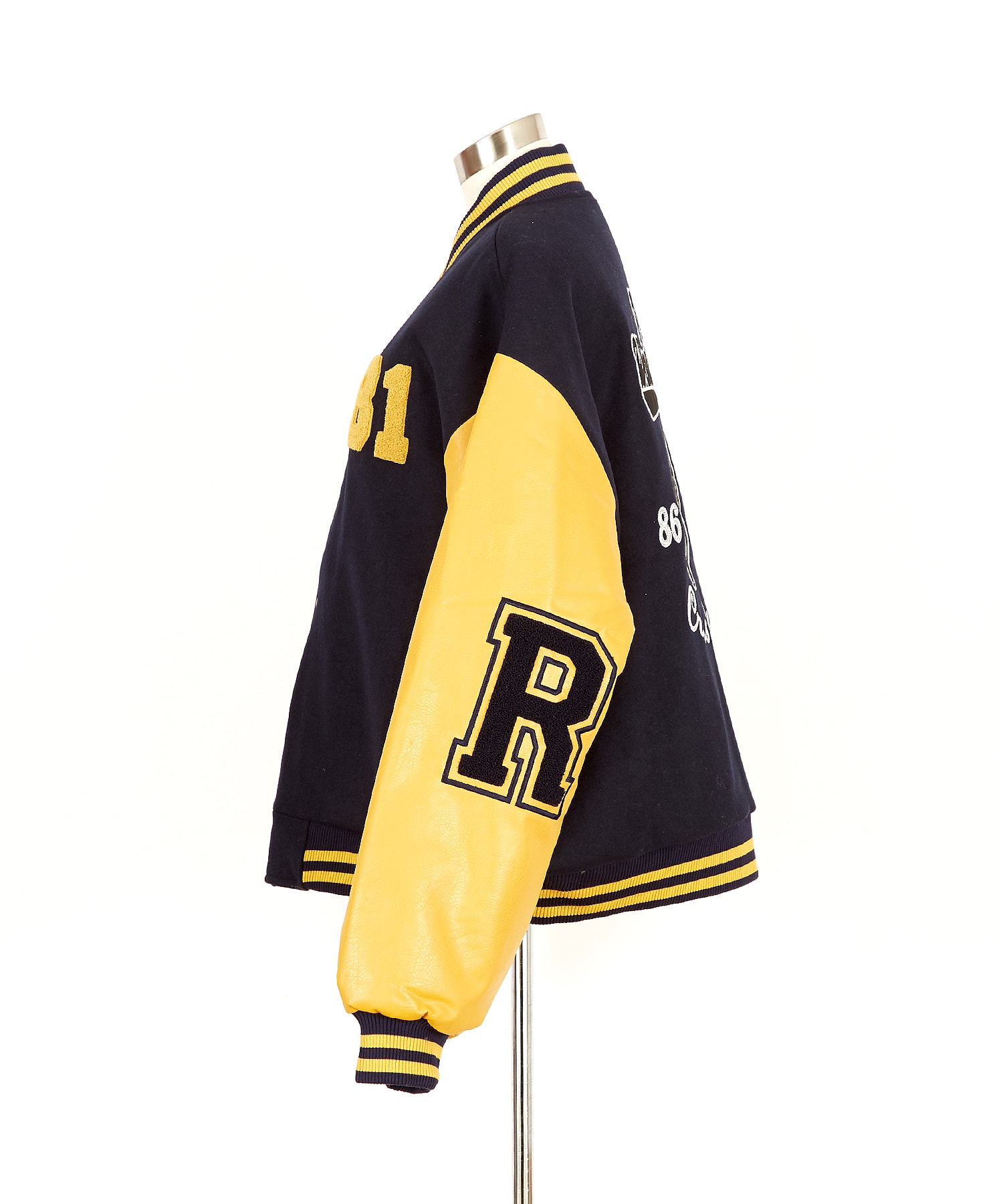 チェーンステッチ刺繍サガラワッペンウール＆合成皮革切替キルティング