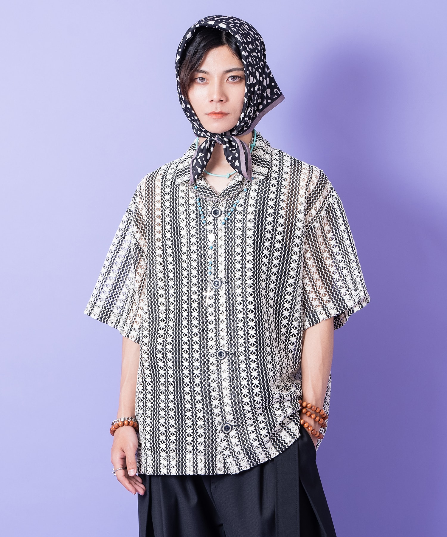 レトロストライプ柄クロシェニット風オーバーサイズオープンカラー