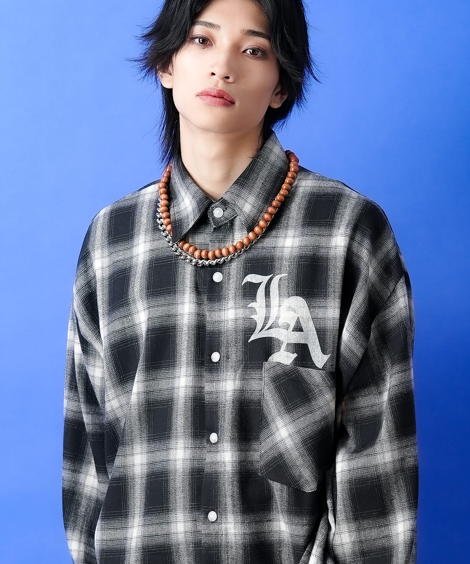 ナンバリング＆LAプリントオーバーサイズオンブレチェックネルシャツ