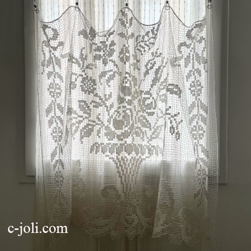 パリ発送】C1190 フランスアンティークレースカーテン ローズ柄ハンド