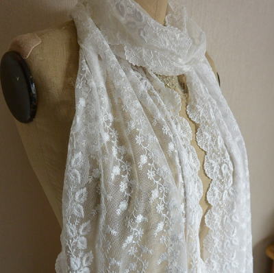 L2058 フランスアンティークレースショール/ストール 手刺繍コットン