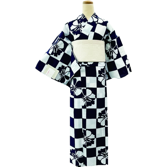 浴衣プレタ】女性 『コーマ白地』ハイビスカス ＜Mサイズ＞